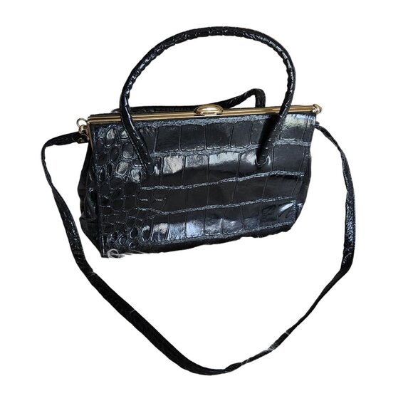 Vintage Croc Embossed Leather Satchel Top Handled Shoulder Crossbody Bag Gold - Picture 1 of 15